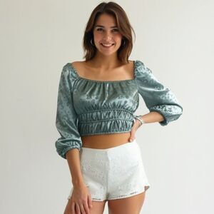 Altar'd State Daisy Aqua Satin‎ Shirred Crop Top -- L